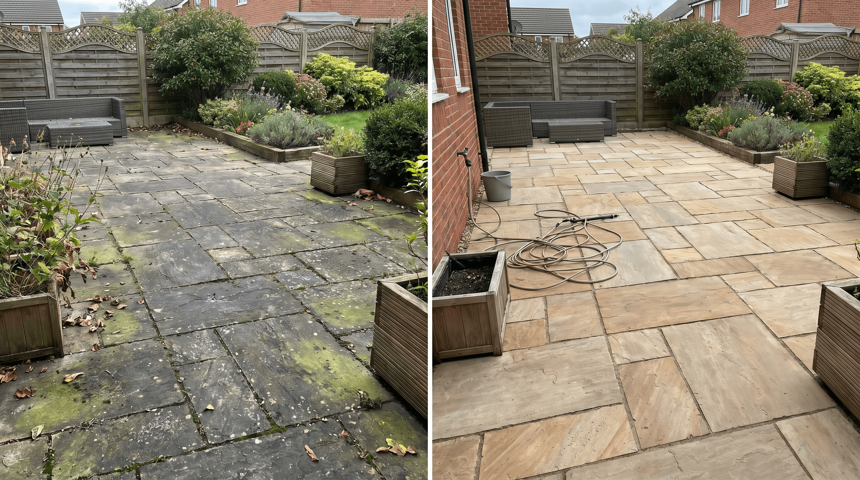 Before-and-after comparison showing a residential patio before cleaning and after restoration.
