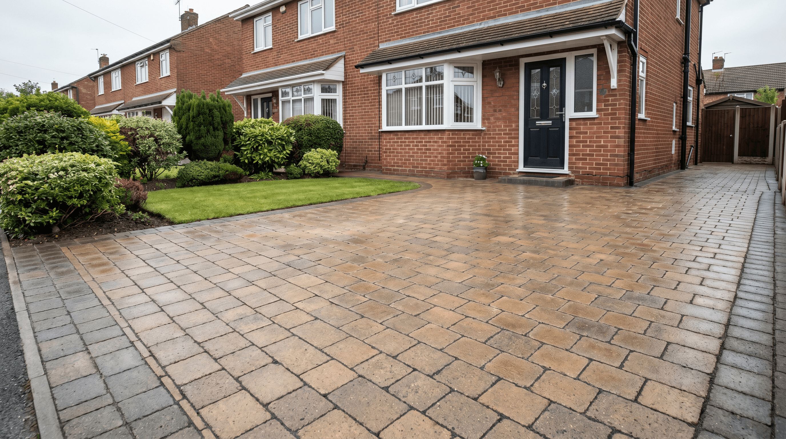 Freshly cleaned residential driveway and front garden outside a brick home.